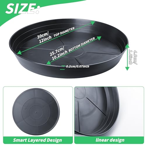 16 Pack Plant Saucer Bulk 12 inch, 2\" Large Deep Heavy Duty Plant Saucers, Garden Plastic Plant Drainage Trays for Indoors Outdoor, Pot Tray for Planter, Black