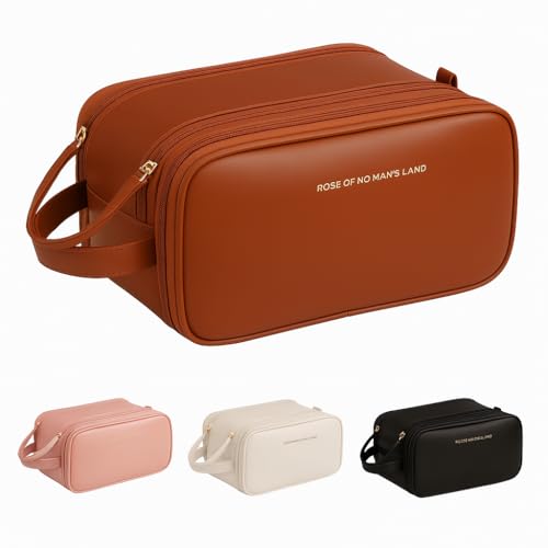 Necessaire Bolsa Organizadora de Maquiagem Couro Sintético Grande Capacidade com Duas Camadas, Alça Lateral, Divisórias Internas e Suporte para Pincéis – Ideal para Viagem (Marrom)
