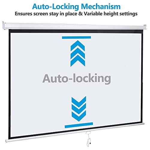 Image of 100 inch 16:9 HD Manual Projector Screen with Auto Lock Anti-Crease Home Theater Office Wall Mounted Ceiling Pull Down Projection 1.1 Gain Matte White, View Size: 87 x 49 inches