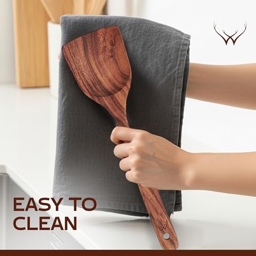 Image of 7 Pc Teak Wooden Kitchen Utensils - Handcrafted Wooden Cooking Utensils Set with Holder, Elegant Wooden Spoons for Cooking & Timeless Utensil Set for Daily Use - Teak Utensils Set for Cooking
