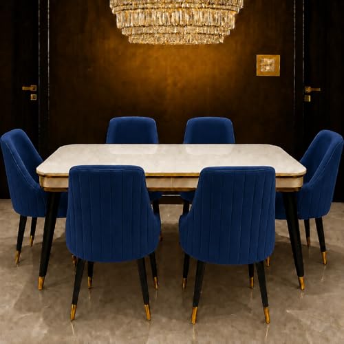 Image of WOODEN SPACE 6-Seater Wooden Dining Table Set | Nano Composite Marble Top | Solid Wood Base | Modern Dining Room Furniture with 6 Chairs (Navy Blue Infinity Backline)