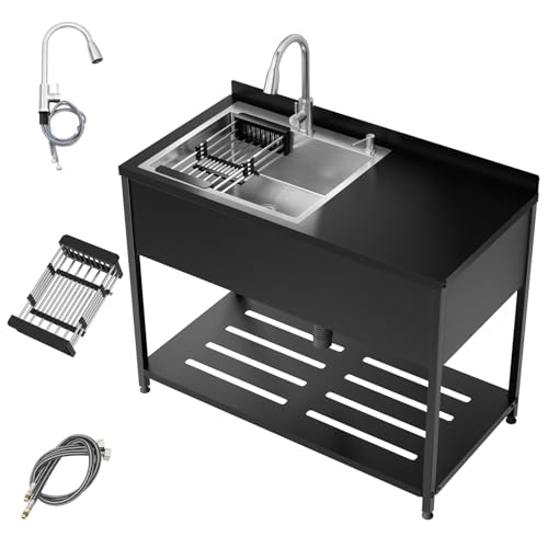 Stainless Steel Utility Sink, 47.6" × 24.1" × 36.6"Freestanding Sink with Cold and Hot Water Faucet,Hoses and Drain Kit for Kitchens, Bathrooms, Garage, Laundry Room