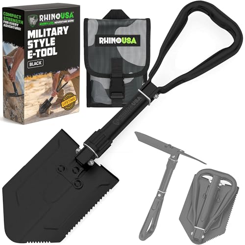 RHINO USA Folding Survival Shovel w/Pick - Heavy Duty Carbon Steel Military Style Entrenching Tool for Off Road