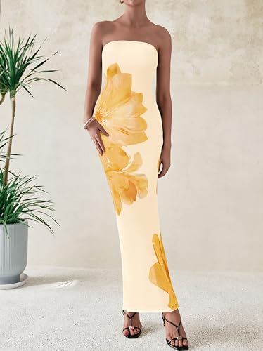 Image of PRETTYGARDEN Women Summer Strapless Maxi Dress Bodycon Floral Sexy Long Wedding Guest Dress Formal Tube Mesh Cocktail Dresses