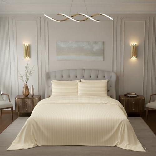 Image of 100% Cotton Premium Queen Size Bedsheet with 2 Pillow Covers | Ultra-Soft, Breathable, Hotel-Quality Fabric | Elegant Collection for Bedroom Decor (Ivory Striped)