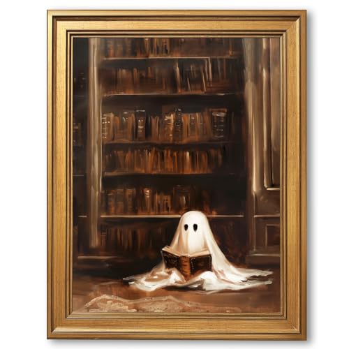 Framed Vintage Library Ghost Reading Poster Print Retro Spooky Bookish