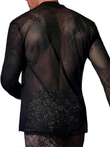 Men's Mesh Sheer Solid Long Sleeve Deep V Neck Button Down Party Shirts Summer Tops2