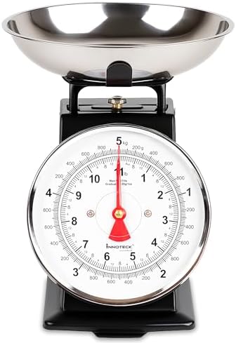 Innoteck Essentials Kitchen Scales - Mechanical Kitchen Scale - Compact, Analogue, Easy to Read, 5 kg Capacity, Large Dial - Dishwasher Safe Detachable Bowl - Ingredients Measurement Scale - Black