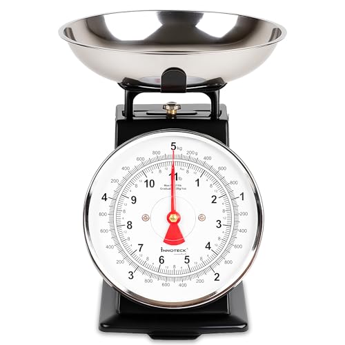 Innoteck Mechanical Kitchen Scale - Stainless Steel Kitchen Scales with Bowl & Large Dial, Analogue Food Scale with 5kg Capacity, Food Weigher with Non-Slip Feet for Baking and Cooking