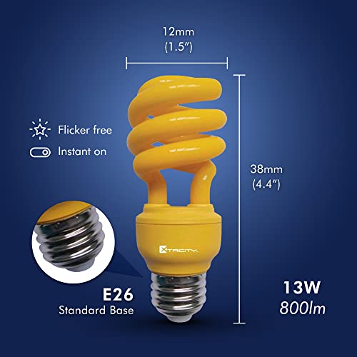 Image of Xtricity Yellow Bug Light Bulbs Compact Fluorescent T2 Spiral, E26 Base, 13W (60W Equivalent), 800 Lumens, Outdoor, CFL, 120V - UL Listed (1 Pack)