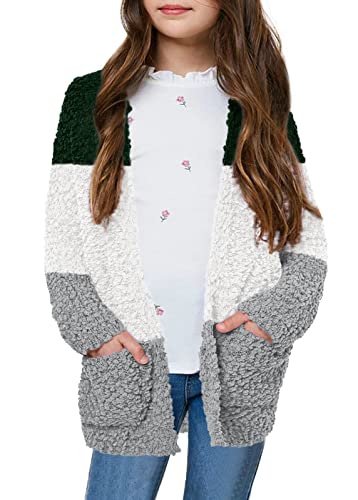 Girls Color Block Cardigan Sweaters Casual Open Front Knitted Sweaters With Pockets #TOP2