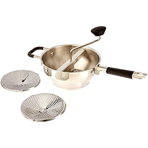 ExcelSteel Food Mill W/3 Grinding Sizes, 17" x 8.25" x 3.75", for Versatile Textures in Soups, Sauces, and Foods, Medium Cover