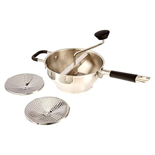 ExcelSteel Food Mill W/3 Grinding Sizes, 17" x 8.25" x 3.75", for Versatile Textures in Soups, Sauces, and Foods