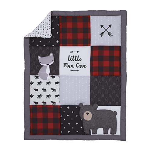 Image of Little Love by NoJo Little Man Cave Grey, Red, Black and Ivory, Bear, Fox, Moose, Buffalo Check and Arrows Rustic 3 Piece Nursery Mini Crib Set - Comforter and Two Fitted Mini Crib Sheets