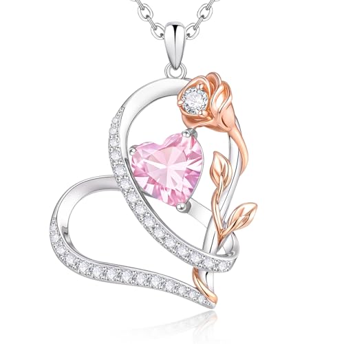Rose Heart Birthstone Necklace for Women - Dainty 925 Sterling Silver Necklaces for Women Trendy CZ Pendant Necklace Jewelry Birthday Anniversary Christmas Gifts for Girlfriend Mom Lady Daughter