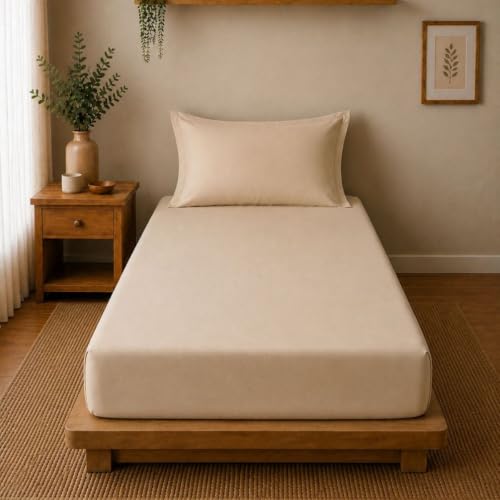 Image of Linen Home Cotton Percale Fitted Bedsheet Set Single Size Light Taupe