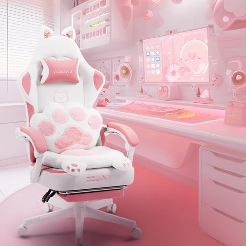 Sedia da gioco ergonomica con poggiapiedi, sedia da gioco e sedia da gioco in PC, con tessuto, ergonomica, per gaming, per adulti, colore rosa bianco - Sedia gaming - Immagine 1