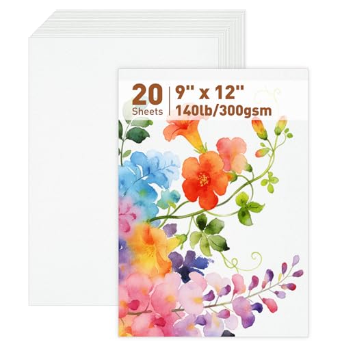 Listado de Papel para acuarela que puedes comprar esta semana. 44 MAXECHO 20 hojas de papel de acuarela, prensado en frío, papel de dibujo de algodón de 9 pulgadas x 12 pulgadas, papel de dibujo de acuarela de 150 libras/300 g/m², hojas de...