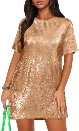 ENOPINK Women's Crew Neck Sequin Dress for Women Sexy V Neck Shir...