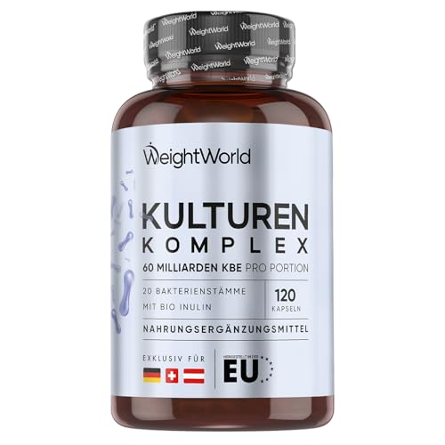 Kulturen Komplex mit 60 Mrd. KBE - 20 Bakterienstämme und Bio Inulin -120 vegane Kapseln - Bakterienkulturen mit Bifidobacterium, Lactobacillus Gasseri & Reuteri - 2 Monate Vorrat - WeightWorld