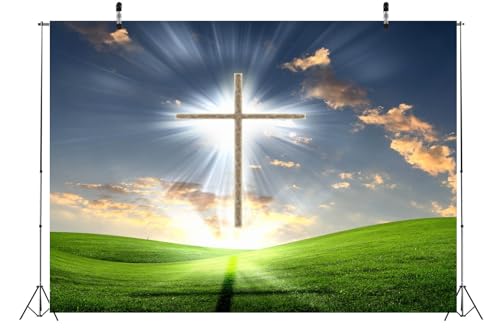 BELECO 8x6ft Fabric Christian Cross Backdrop Holy Heaven Light Cloudy Sky Outdoor Nature Green Grassland Crucifix Backdrop Lord Pray Easter Religious Christian Church Event Decoration Photo Props