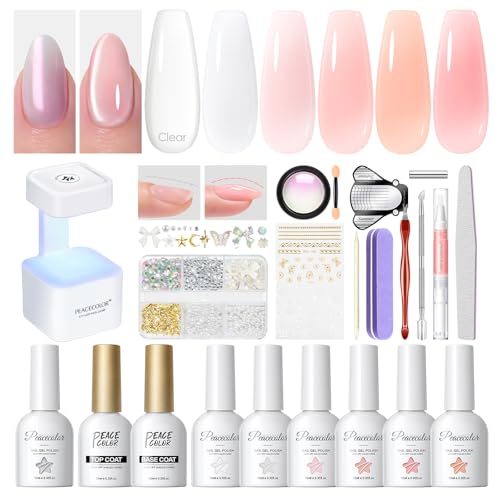 PEACECOLOR Builder Nail Gel Kit 6 Colors Clear Pink White Builder Nail Gel with Nail Lamp & Cat Eye Gel Base Top Coat Nail Decoration Chrome Nail Powder Sticker Nail Extension DIY at Home