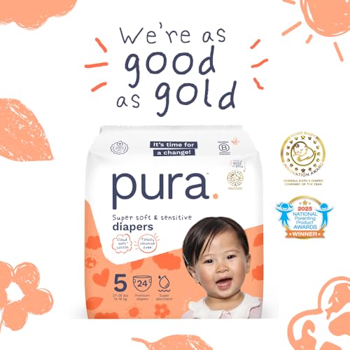 Image of Pura Baby Diapers Size 5-96 Count, 27-35lbs, 12hr Leak Protection, Cloud Soft & Gentle Diapers for Hypoallergenic & Sensitive Baby Skin, Toxin-Free*, Organic Cotton, Blowout Blocker, New Size Guide