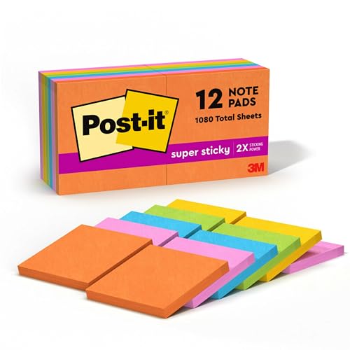 Image of Post-it Super Sticky Notes, 3 x 3 Inches, 90-Sheet Pad (12 Pack)