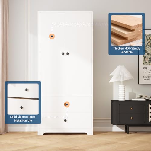 TROPOW Wood Armoire Wardrobe Closet, 71\" Wood Clothing Storage Cabinets with 2 Doors, 1 Adjustable Shelf and 2 Drawers, Wardrobe Cabinet with Hanging Rod for Bedroom, Gym, Cloak Room, White
