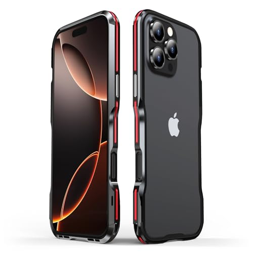 HENGHUI Aluminum Bumpers Compatible with iPhone 16 Pro Bumper Case with Carbon Fiber Texture Back Sticker Metal Frame Bumper Cover Shock Absorbent Slim Cool Design,Black+Red
