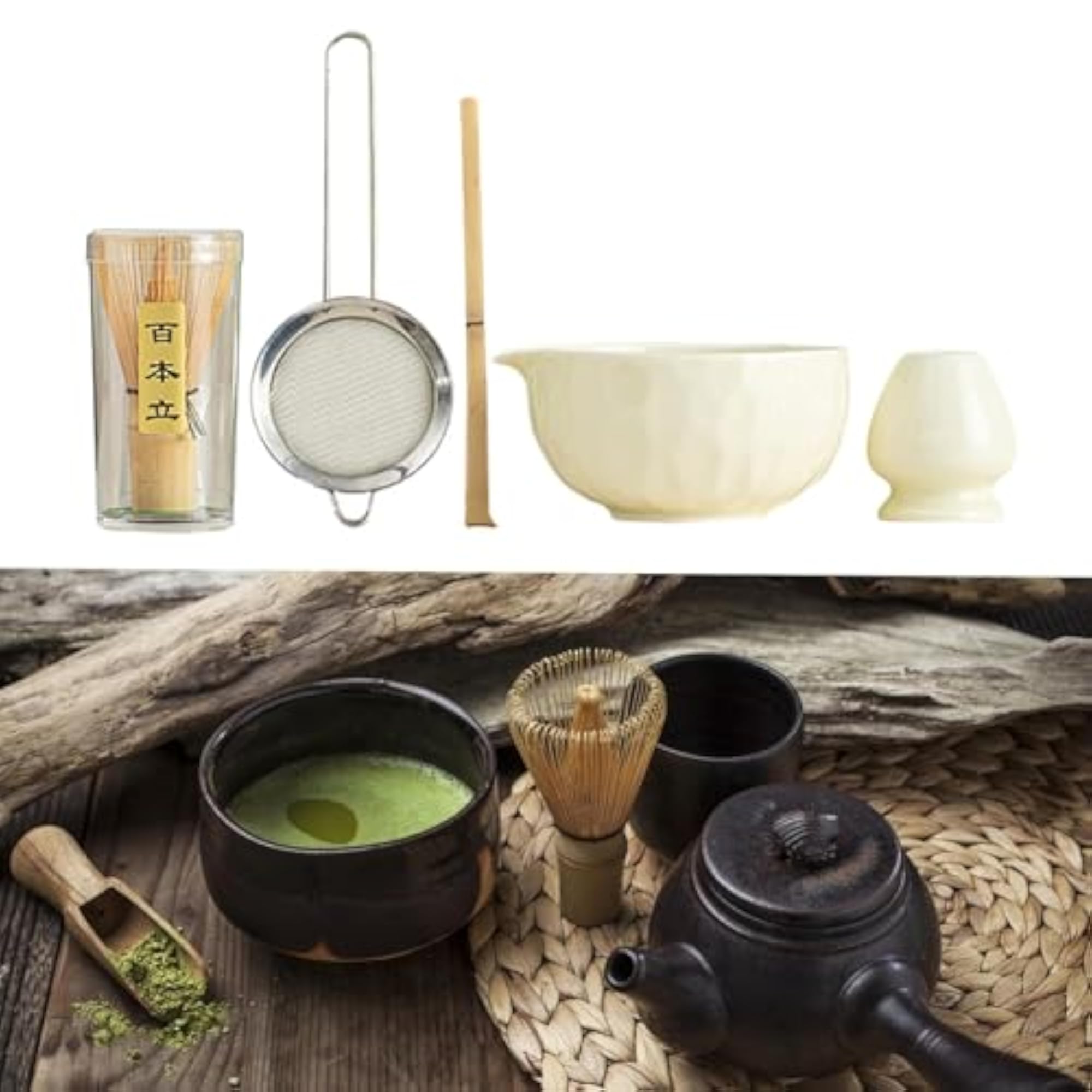 5X Matcha Set, Bamboo Spoon Sifter Handcrafted Portable Whisk