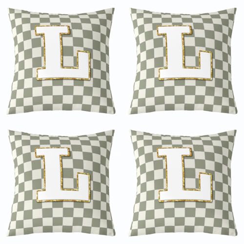 Image of Erosebridal Sage Green Checkered Throw Pillow Covers 22x22 Set of 2 Plaid Initial L Pillow Covers Personalized Monogram Cushion Cover Fashion Grids Gingham Pillow Cases for Couch Sofa