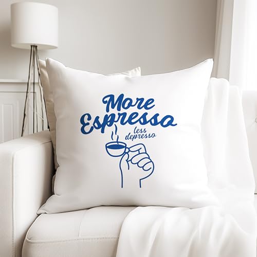 Housse de coussin More Espresso Less Depresso blanche pour canapé