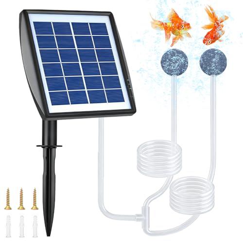 Pompe à Oxygène Solaire, 2w 2200mAh Aérateur Solaire de Bassin, Pompe d'aérateur d'étang Solaire 2 Modes D'oxygène 2 Pierres à Air, pour Bassin...