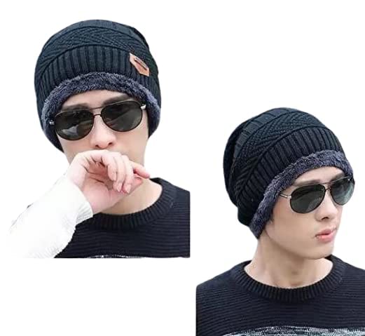 ODDEVEN Men's Woolen Self Design Beanie Cap Black