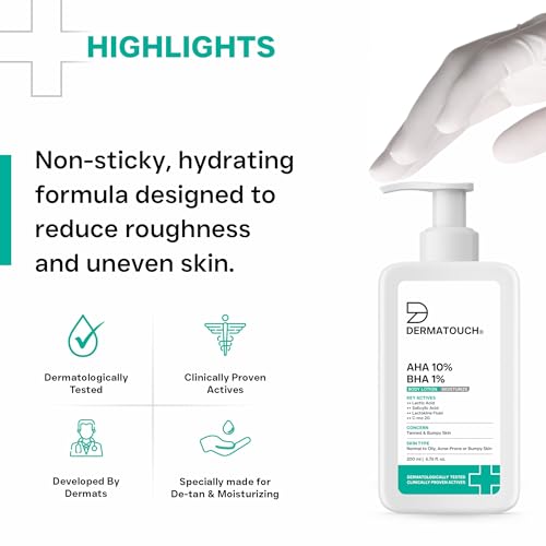 Image of DERMATOUCH AHA 10% BHA 1% Body Lotion For Men and Women | Body lotion For Dry Skin - De-tan, Moisturizing & Bumpy Skin | Suitable For All Skin Types | 200ml (Pack of 2)