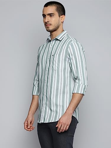 Image of Allen Cooper Pure Cotton Striped Full Sleeve Shirts for Men(67OW-42) Olive-White
