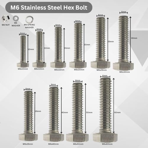 BMOSESE M6x60mm Length Stainless Steel Hex Head Bolt with Nut & Flat Washer|Available Sizes 10mm-60mm |Diameter 6| Rustproof Bolt Kit for Home, Industrial, Plumbing Use | 50PCS SET) - Image 6 thumbnail