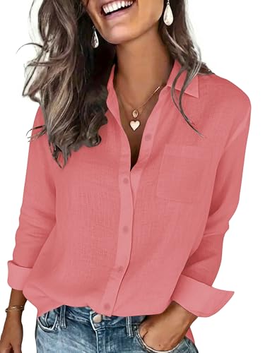 BBIBBI Pastel Red Fashion Tops for Women Trendy Solid Color Shirt Linen Long Sleeve Gauze Blouses Dressy Casual Spring Summer Shirt Size XL
