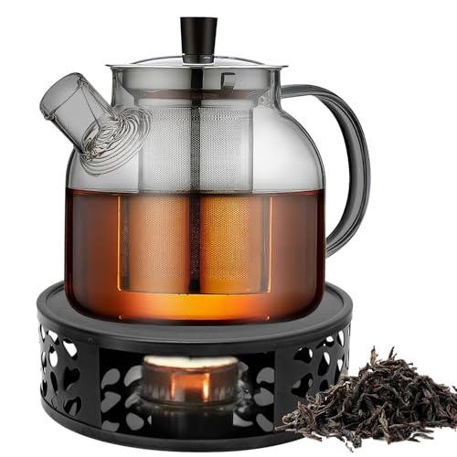Teekanne mit Siebeinsatz, 1500ml Teekanne mit Stövchen, Schwarz Glas Teebereiter, Glaskanne mit Sieb, Tee Kanne aus Borosilikatglas, für Losen Tee, Teebeutel, Teapot für Alle Teesorten