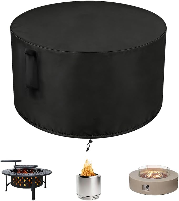 Saking Fire Pit Cover Round Heavy Duty Fabric with Upgraded PU Coating, Fits for 61", 62", 63", 64" Outdoor Fire Pit/Table, Gas Fire Pit Cover, 100% Waterproof, Anti UV(64"Dia x 30"H -Black)