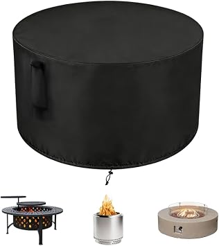 Saking Fire Pit Cover Round Heavy Duty Fabric with Upgraded PU Coating, Fits for 29", 30", 31", 32" Outdoor Fire Pit/Table, Gas Fire Pit Cover, 100% Waterproof, Anti UV32"Dia x 10"H -Black