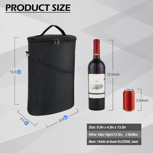 bruwaa 2 Bottle Wine Cooler Bag, Leakproof Insulated Padded Wine Gift Tote Carrier with Handle and A
