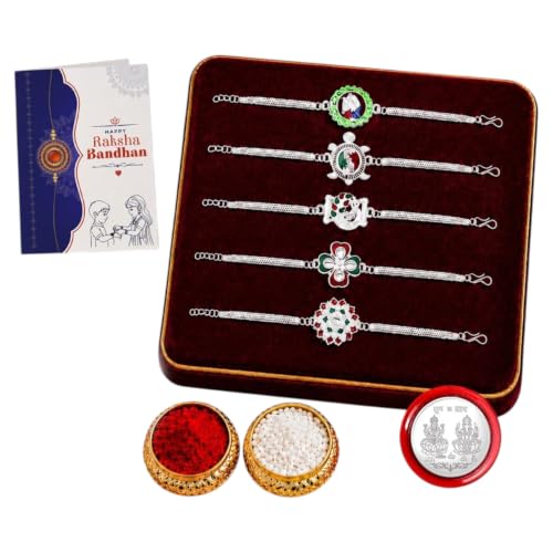 Image of Oblivion Set of 5 Designer Bracelet Rakhi for Brother in Brass with Roli Chawal, Silver Colour Pooja Coin and Greeting Card for Raksha Bandhan