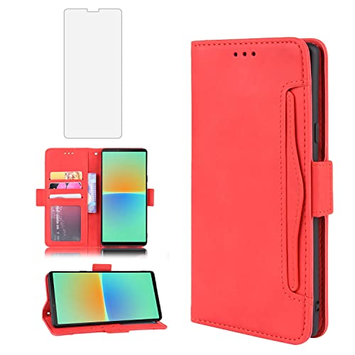 Funda para Sony Xperia 10 IV con cristal templado rojo de cuero y soporte tipo libro Asuwish