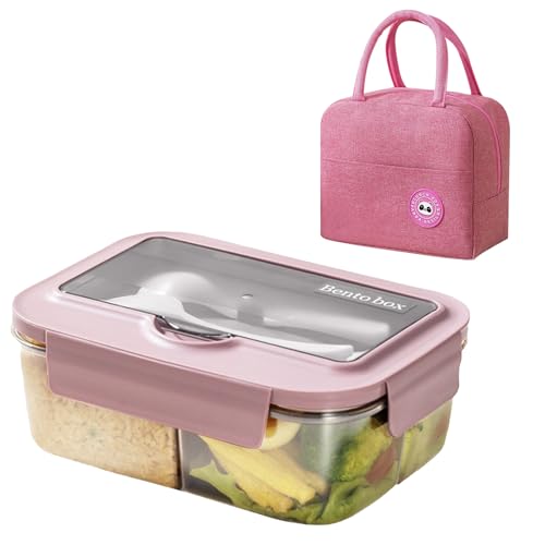 BRYN Bento Lunch Box Micro Ondable avec Sac Isotherme Repas, 1400Ml Boite Repas avec 3 Compartiments et Couverts, Boite à Lunch pour Pique-Nique, Travail, Écoles, Camping et Fitness (Rose)