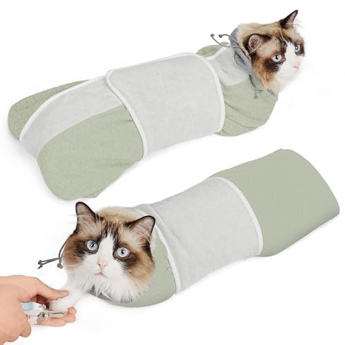 Image of Supet Cat Grooming Wrap for Cutting Nails, Self-Adhesive Calm Cat Swaddle | Bite-Proof Mesh Hood & Thick Waist Strap Anti-Escape Anti-Scratch Bag for Nail Trimming, Medication, Ear Cleaning (Green L)