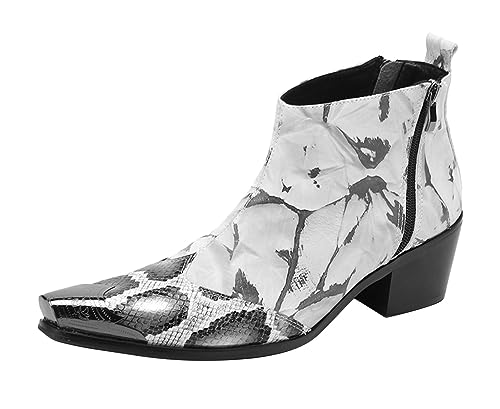 Santimon Mens Snakeskin Print Ankle Chelsea Boots with Metallic Pointed Toe – Stylish Zipper Closure & Block Heel – Fashionable Daily Wear, Party, & Night Out Boots