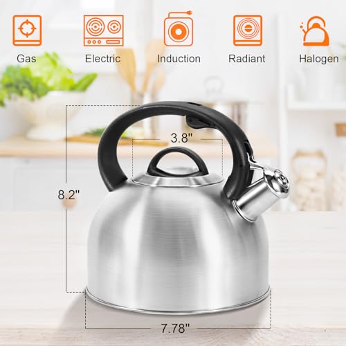 foedo Whistling Stovetop Tea Kettle, 3.2Qt Food-Grade 304 Stainless Steel Teapot, Ergonomic Cool Handle,One-button Switch,Hot Water Quick Boil,All Metal Whistles Rust Resistant and Durable (Silver)
