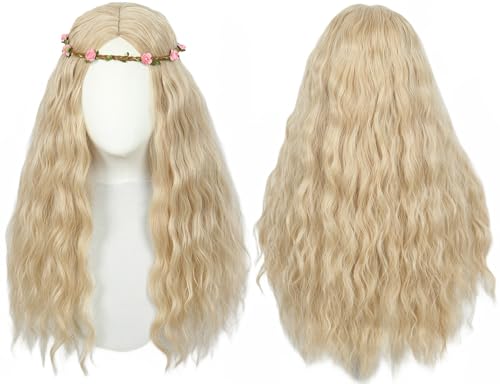 Linfairy Long Wavy Hippie Perücken für Frauen 70er Halloween Cosplay Kostüm Perücke für Party mit Blumenkrone